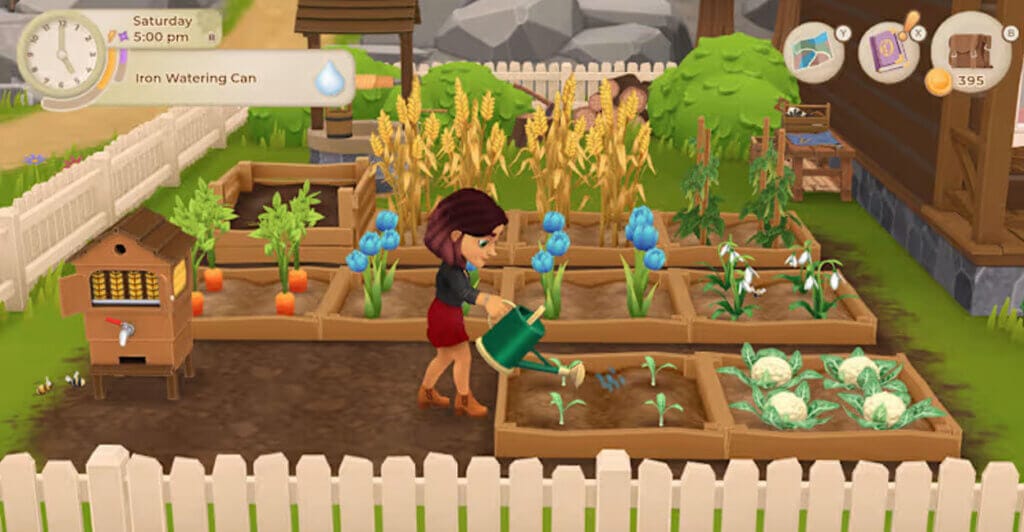 Personagem de Wylde Flowers regando suas plantas em um dos cozy games baratos da lista.