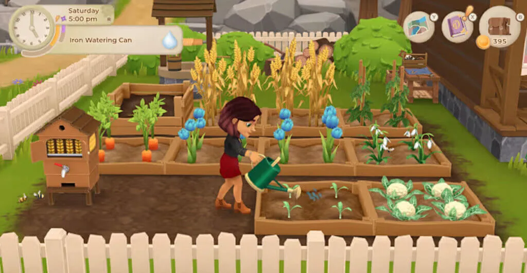 Personagem de Wylde Flowers regando suas plantas em um dos cozy games baratos da lista.