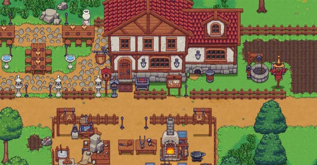 Arte em Pixel Art do lado externo da taverna em Travellers Rest, um jogo de fazendinha e um excelente cozy game.