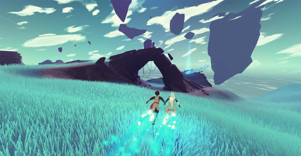 Protagonistas deslizando de mãos dadas pelo cenário de Haven, um dos melhores jogos para casais.