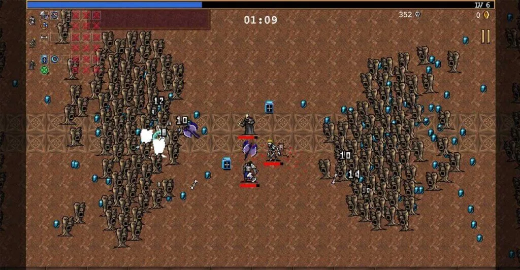 Partida de Vampire Survivors, um jogo multiplayer local leve para pcs fracos.