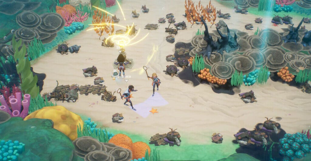 Gameplay submersa em Coral Island, um dos jogos de fazendinha com diferencial, pois é possível mergulhar no oceano.