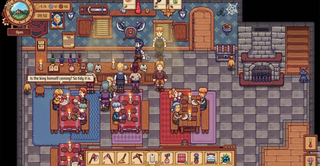 Taverna Cheia em Travellers Rest, um cozy game de fazendinha medieval