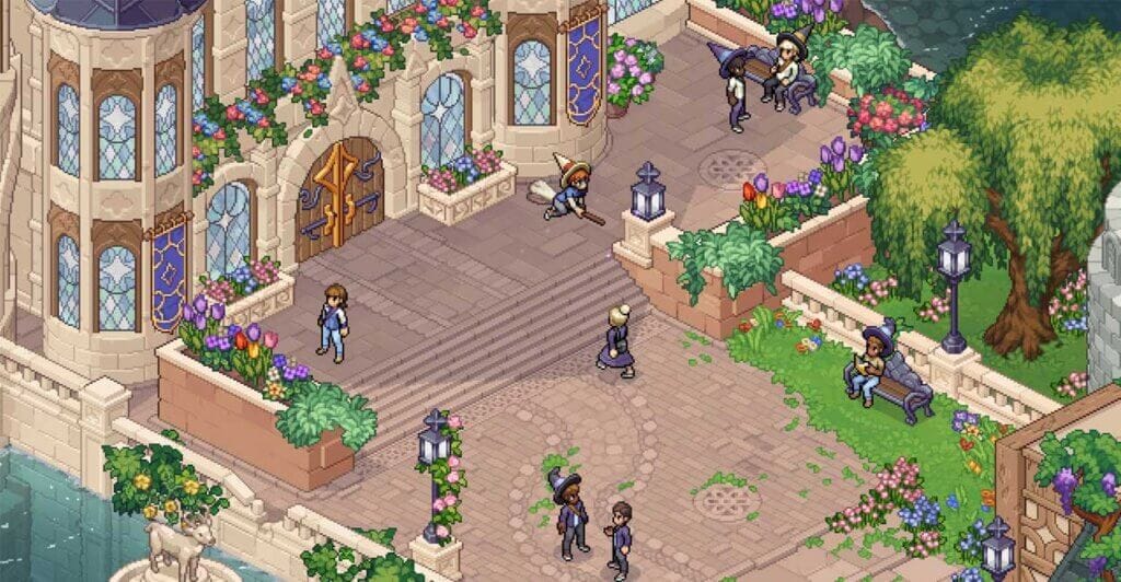 Personagem em área movimentada em Witchbrook, um jogo cozy de escola de bruxaria
