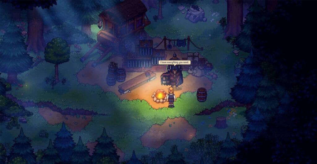 Ambiente externo em Travellers Rest, um jogo de fazendinha medieval