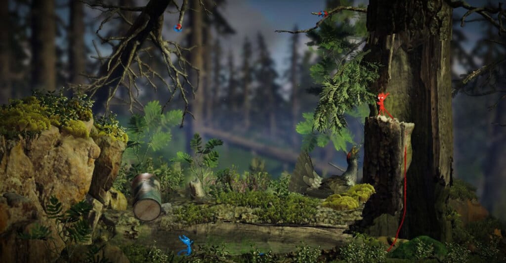 Personagens Vermelho e Azul de Unravel Two resolvendo puzzles para poderem avançar em um jogo cooperativo para casais