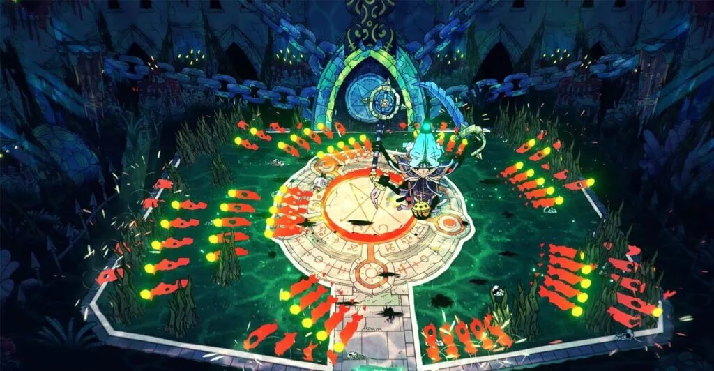 Combate contra chefe em Cult of the Lamb, um jogo de gerenciamento com trechos de cozy game