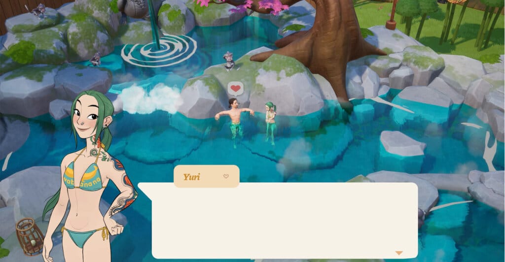 Personagens interagindo em Coral Island, um dos jogos de fazendinha com bons romances e caminhos.