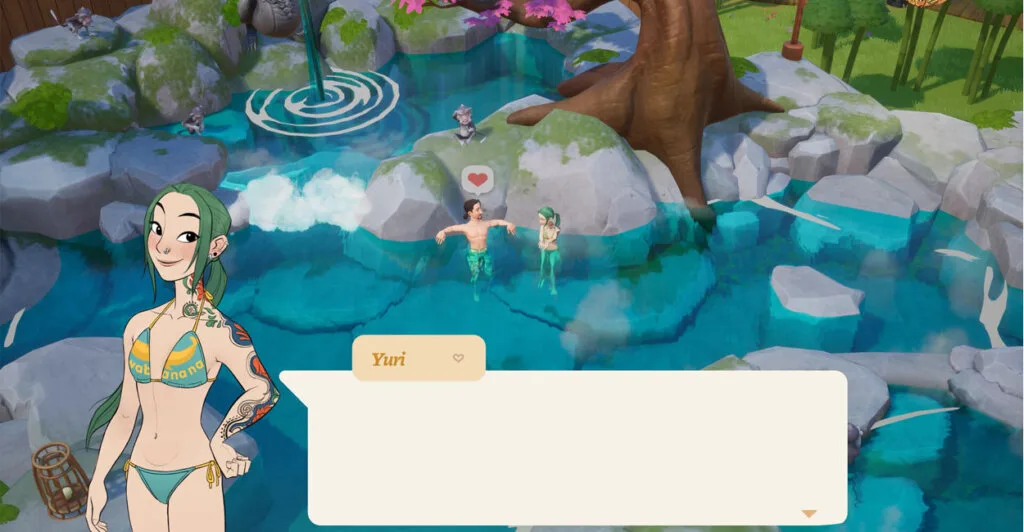 Personagens interagindo em Coral Island, um dos jogos de fazendinha com bons romances e caminhos.