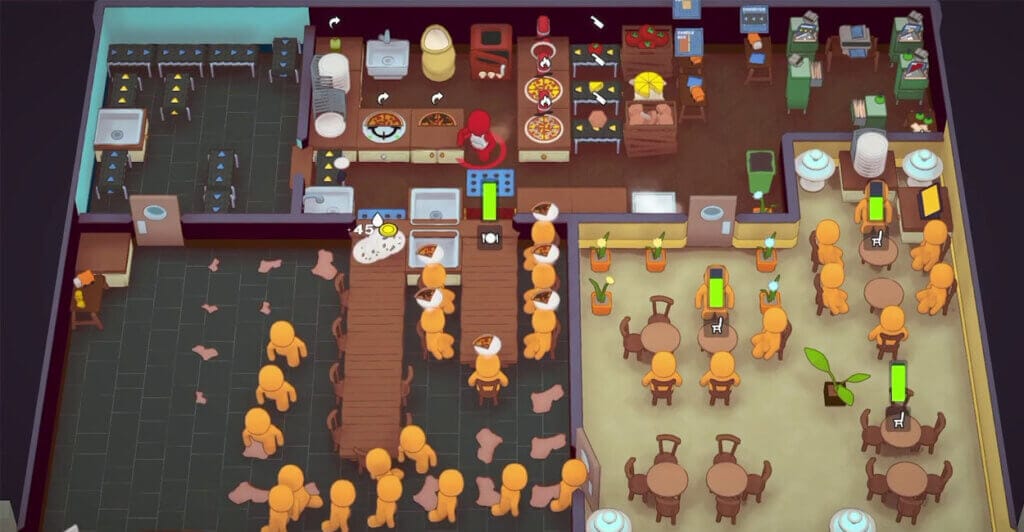 Partida de PlateUp! com restaurante cheio de automações, tornando o jogo um dos melhores jogos multiplayer para pc.