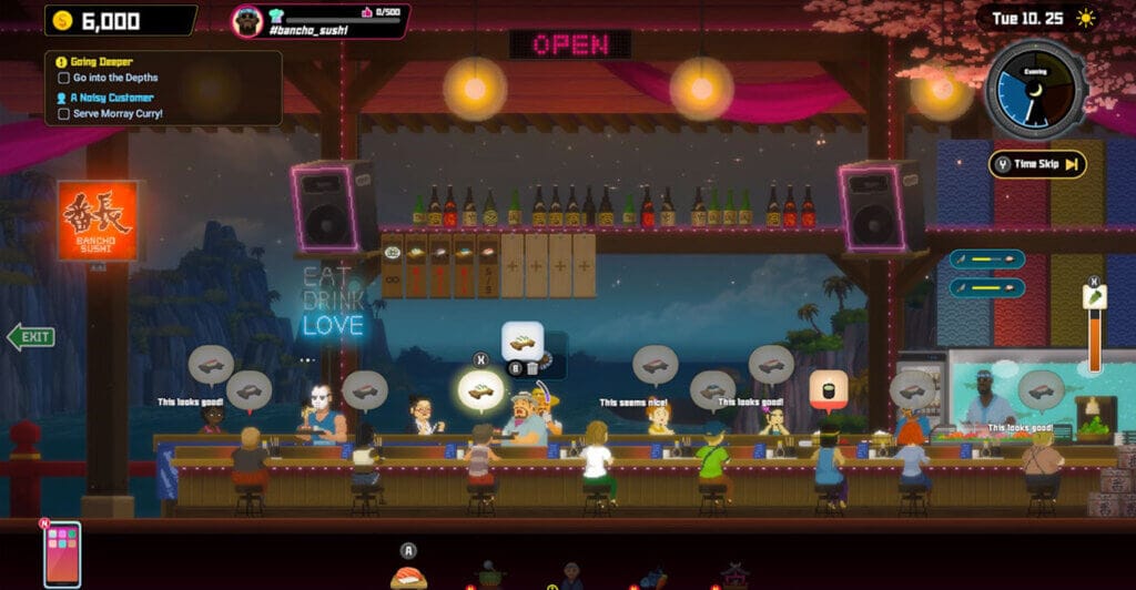 Restaurante cheio em Dave the Diver, um jogo de gerenciamento que lembra jogos de fazendinha em sua essência.