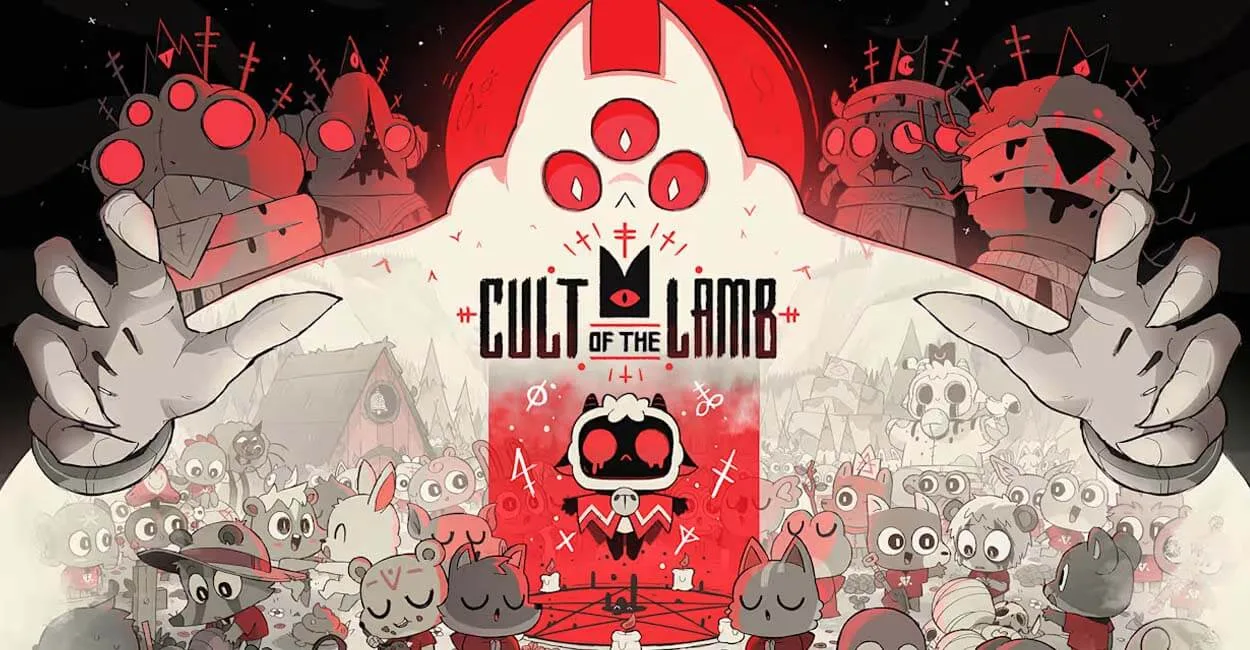 Titulo de Cult of the Lamb, um jogo de gerenciamento com modo cooperativo local