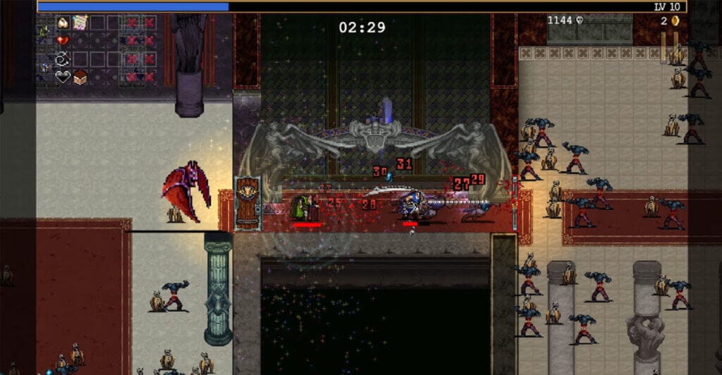 Imagem de gameplay da DLC Ode to Castlevania de Vampire Survivors, um jogo coop para pc e consoles