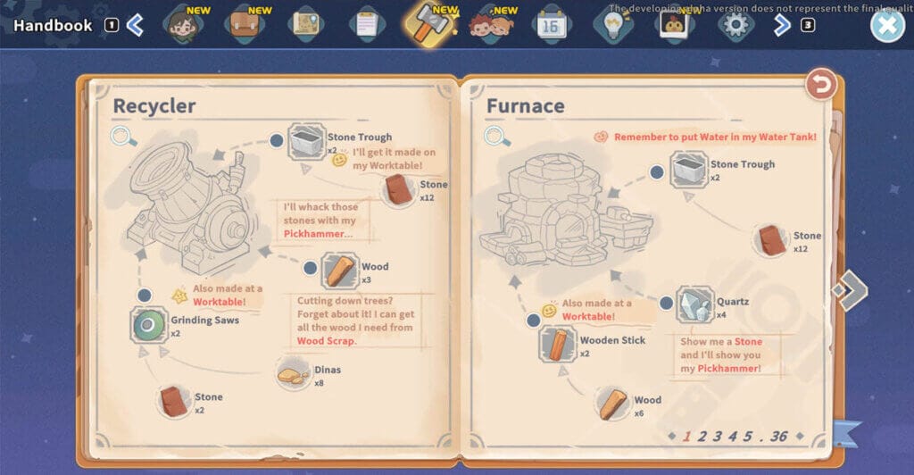 Listas e Receitas para construção de ferramentas e prédios em My Time at Sandrock, um jogo multiplayer online.