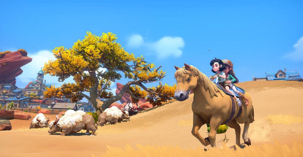 Exploração à cavalo em My Time at Sandrock, cozy game de fazendinha para pc e consoles.