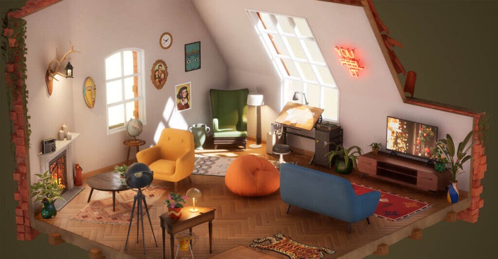 Gameplay de Hozy, um cozy game de arrumação