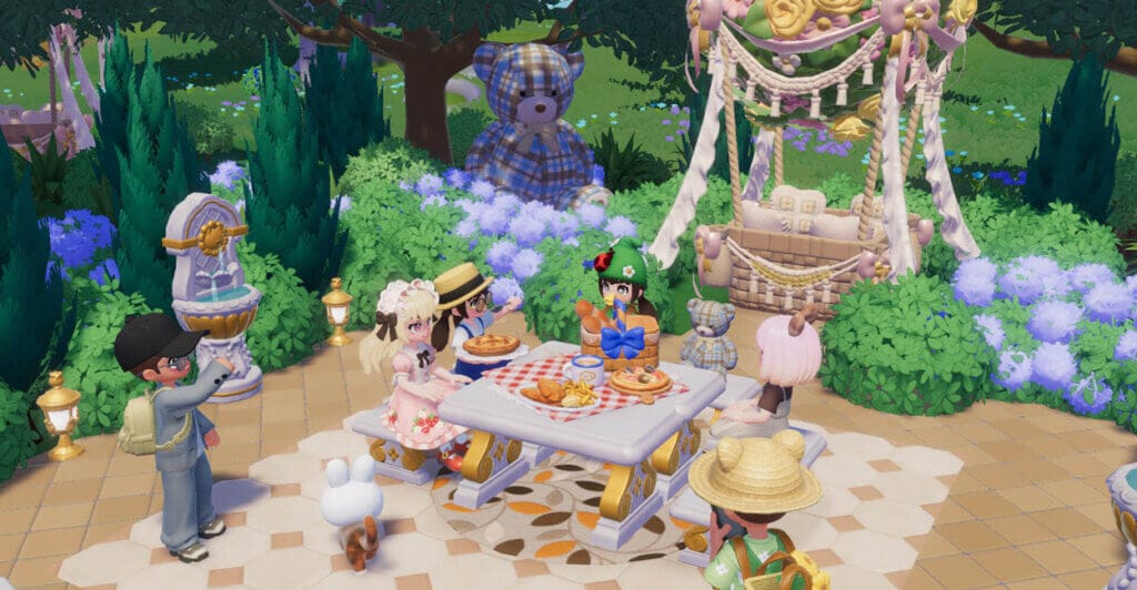 Modo Multiplayer Online de Heartopia, com personagens dos jogadores reunidos em um picnic.