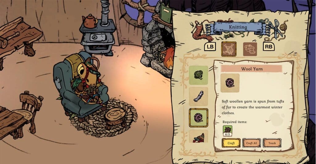 Interface de Winter Burrow, jogo cozy de pc e consoles.