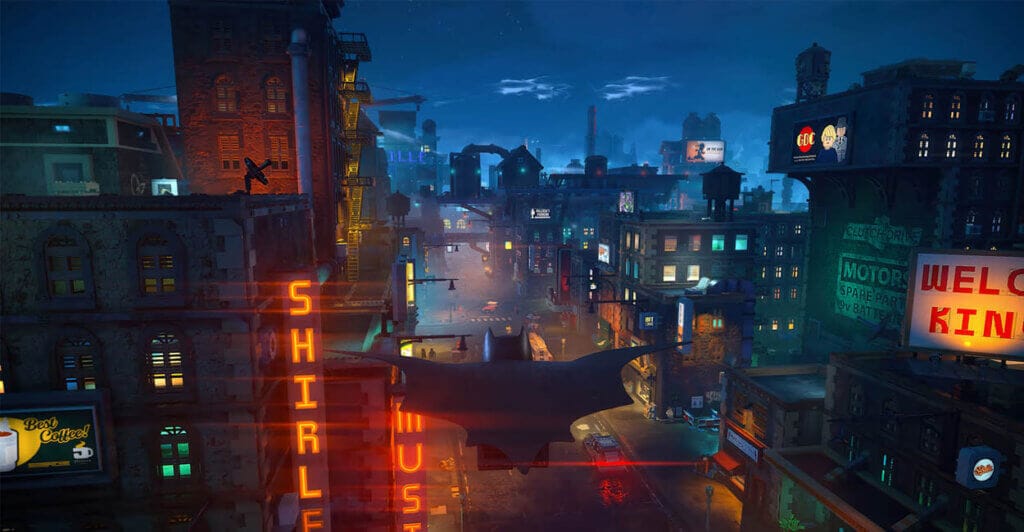 Gameplay de Lego Batman, com o Batman sobrevoando as ruas de Gotham num jogo cooperativo para pc e consoles.