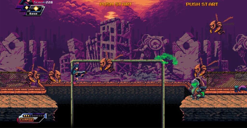 Gameplay do modo single player de alien strike, com personagem combatendo diversos inimigos alienigenas voadores.