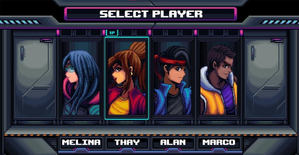 Seleção de Personagens de Alien Strike, jogo multiplayer para até 3 jogadores.