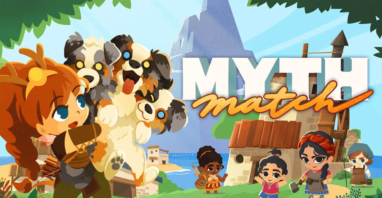 Titulo de Mythmatch, jogo de gerenciamento, puzzles e minigames para pc e switch 2.