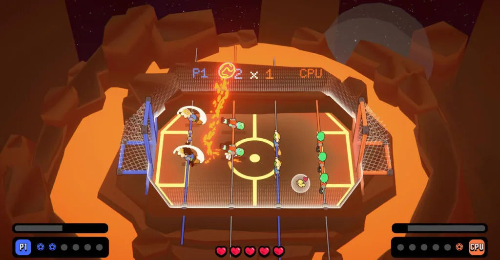 Estádio temático de lava em Pimbolas, jogo multiplayer local para pc.