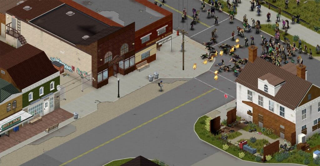 Gameplay de Projct Zomboid, jogo de sobrevivência num mundo pós-apocalíptico.