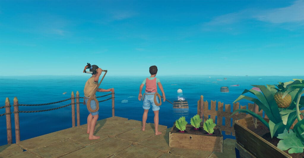 Gameplay de Raft, jogo de sobrevivência multiplayer.