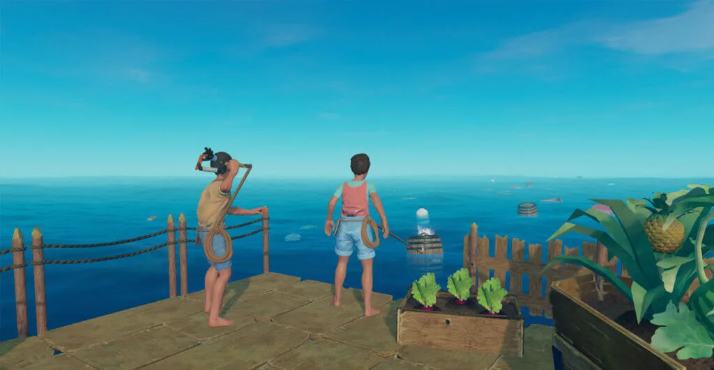 Gameplay de Raft, jogo de sobrevivência multiplayer.