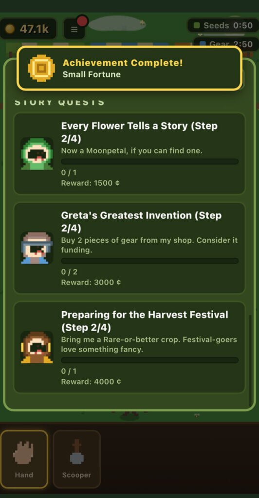 Conquistas de Pixel Patch, jogo cozy para celulares.