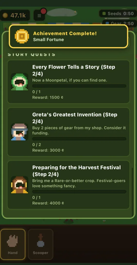 Conquistas de Pixel Patch, jogo cozy para celulares.