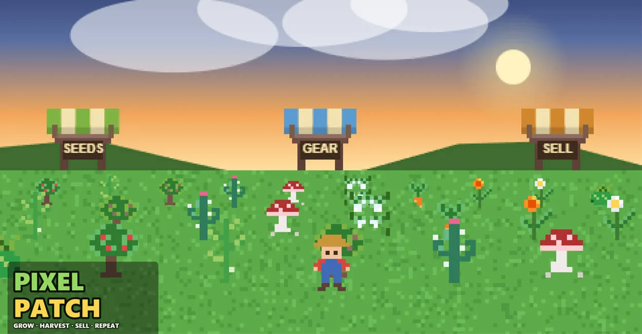 Titulo de Pixel Patch, jogo cozy para celulares.